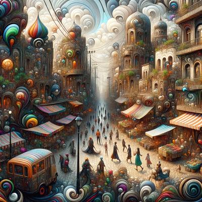 The primary subject of the image is a busy city street filled with people walking and engaging in various activities. The setting is a bustling urban environment with buildings, shops, and a variety of individuals. The visual style is a combination of digital art and illustration, creating a vibrant and lively atmosphere. The colors and mood are predominantly bright and energetic, reflecting the dynamic nature of city life.